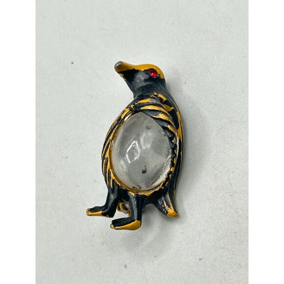 Vintage Penguin Brooch Pin Black & Gold Enamel with Clear Jelly Belly - Picture 2 of 6